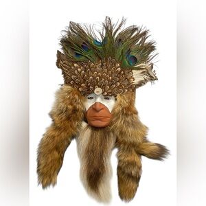 Native American Spirit Mask Feathered Warrior Wall Hanging Hand Painted Unsigned